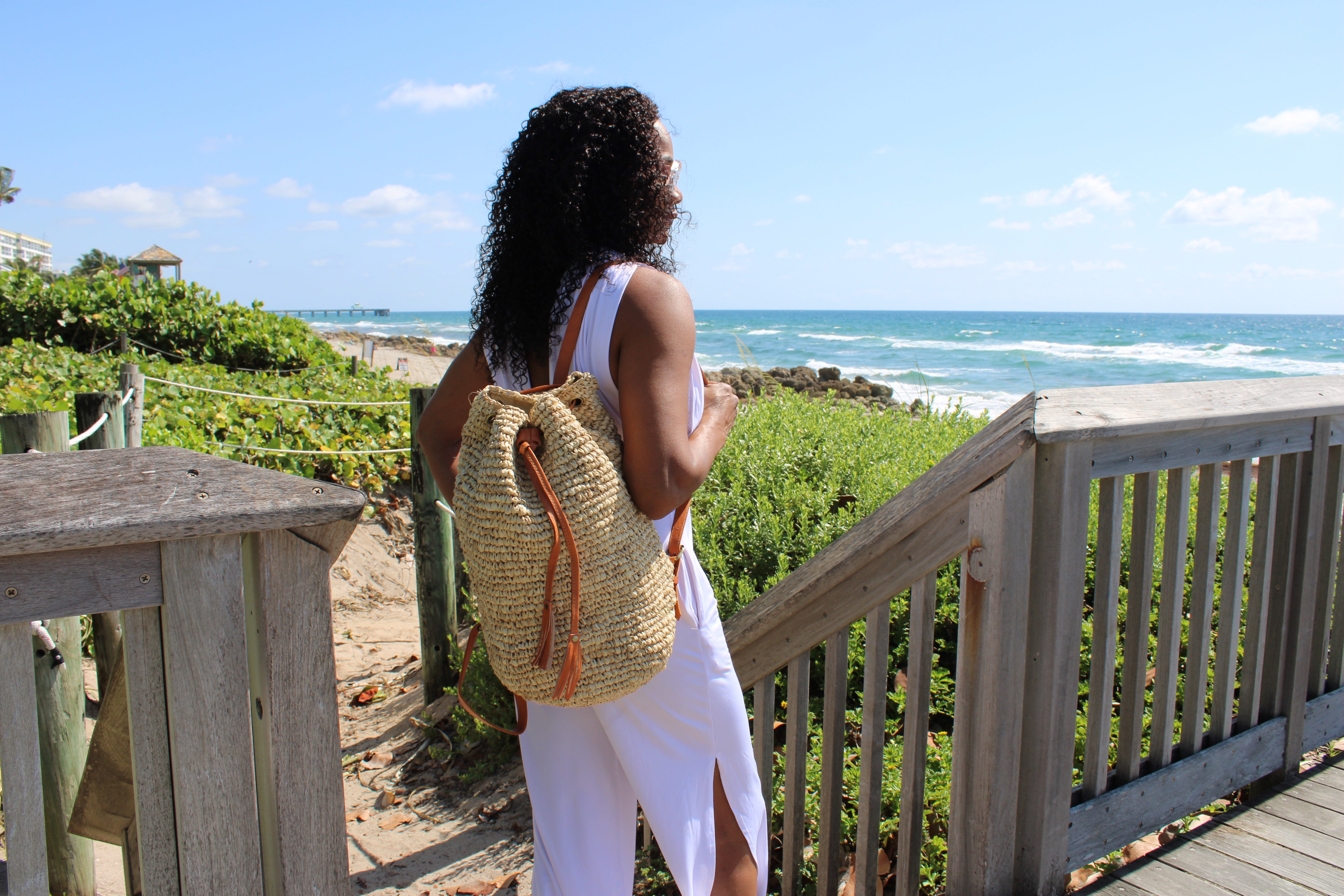 Bucket Back Pack Woven Natural Raffia with Cow Leather Straps