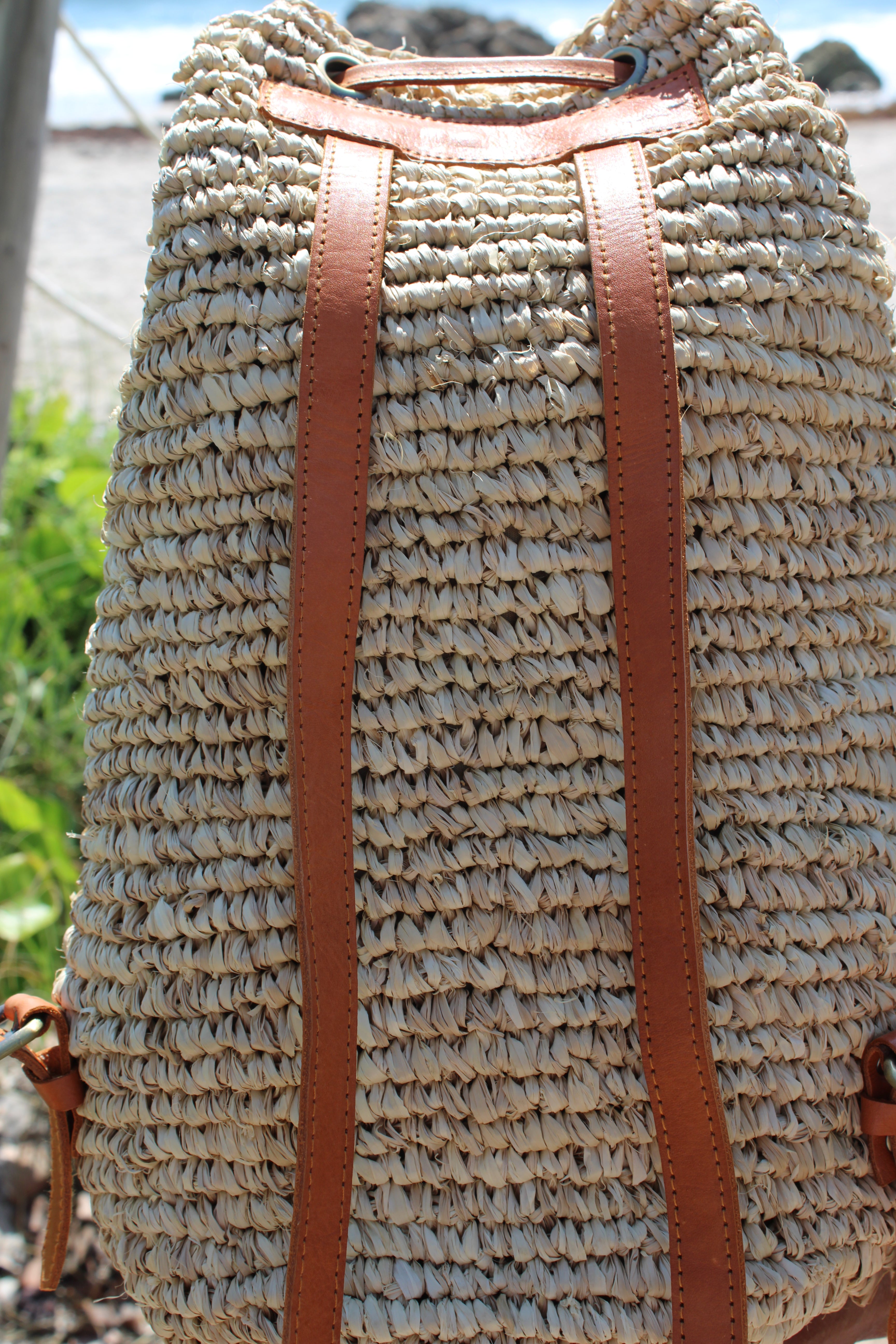 Bucket Back Pack Woven Natural Raffia with Cow Leather Straps