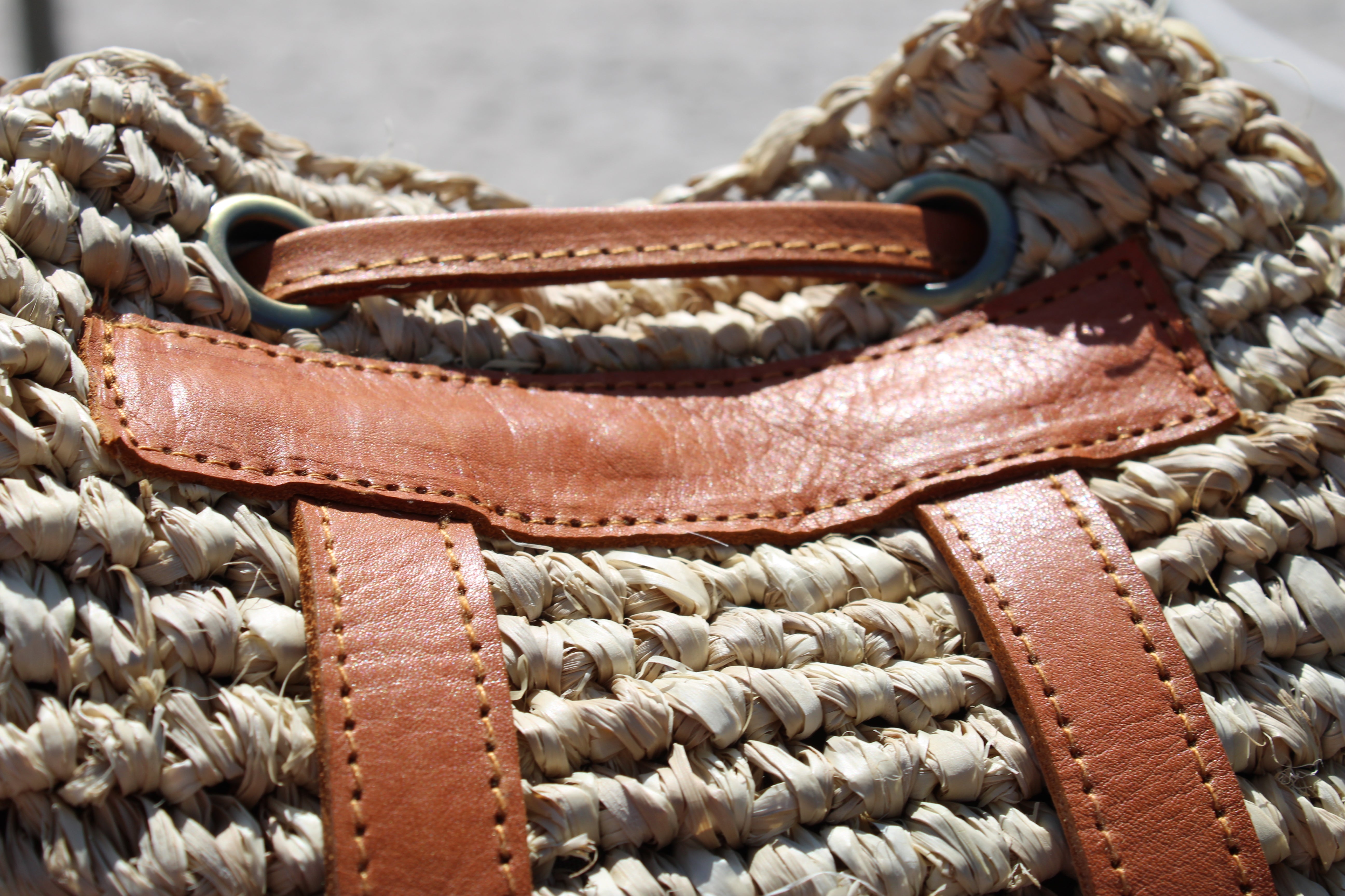 Bucket Back Pack Woven Natural Raffia with Cow Leather Straps