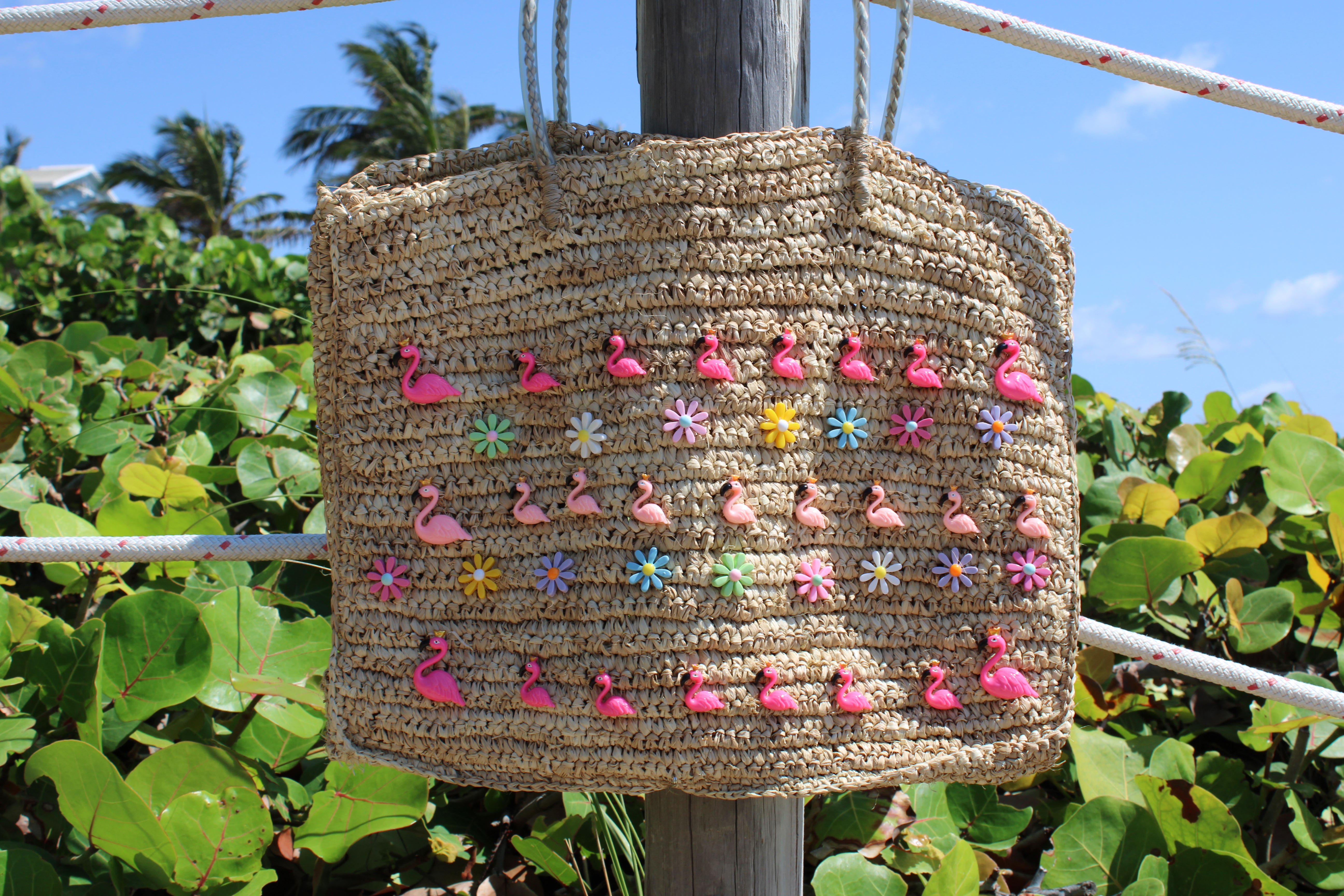 Flamingoes and Daisies Oversized Natural Raffia Woven Straw Bag