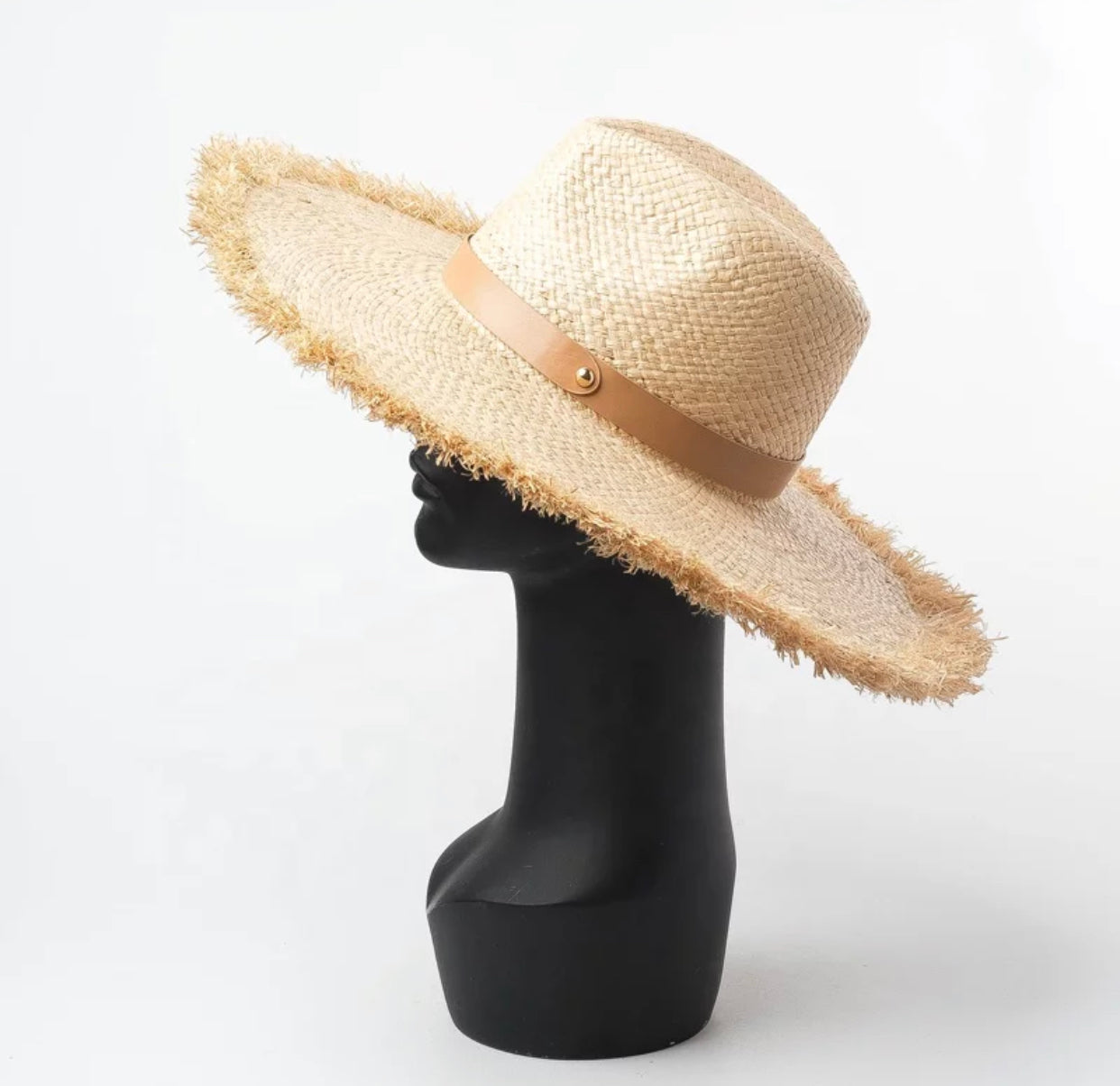 Large Panama Raffia Wide Frayed Brim Straw Hat with PU Leather Band