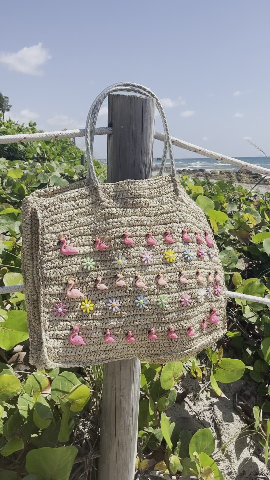 Flamingoes and Daisies Oversized Natural Raffia Woven Straw Bag