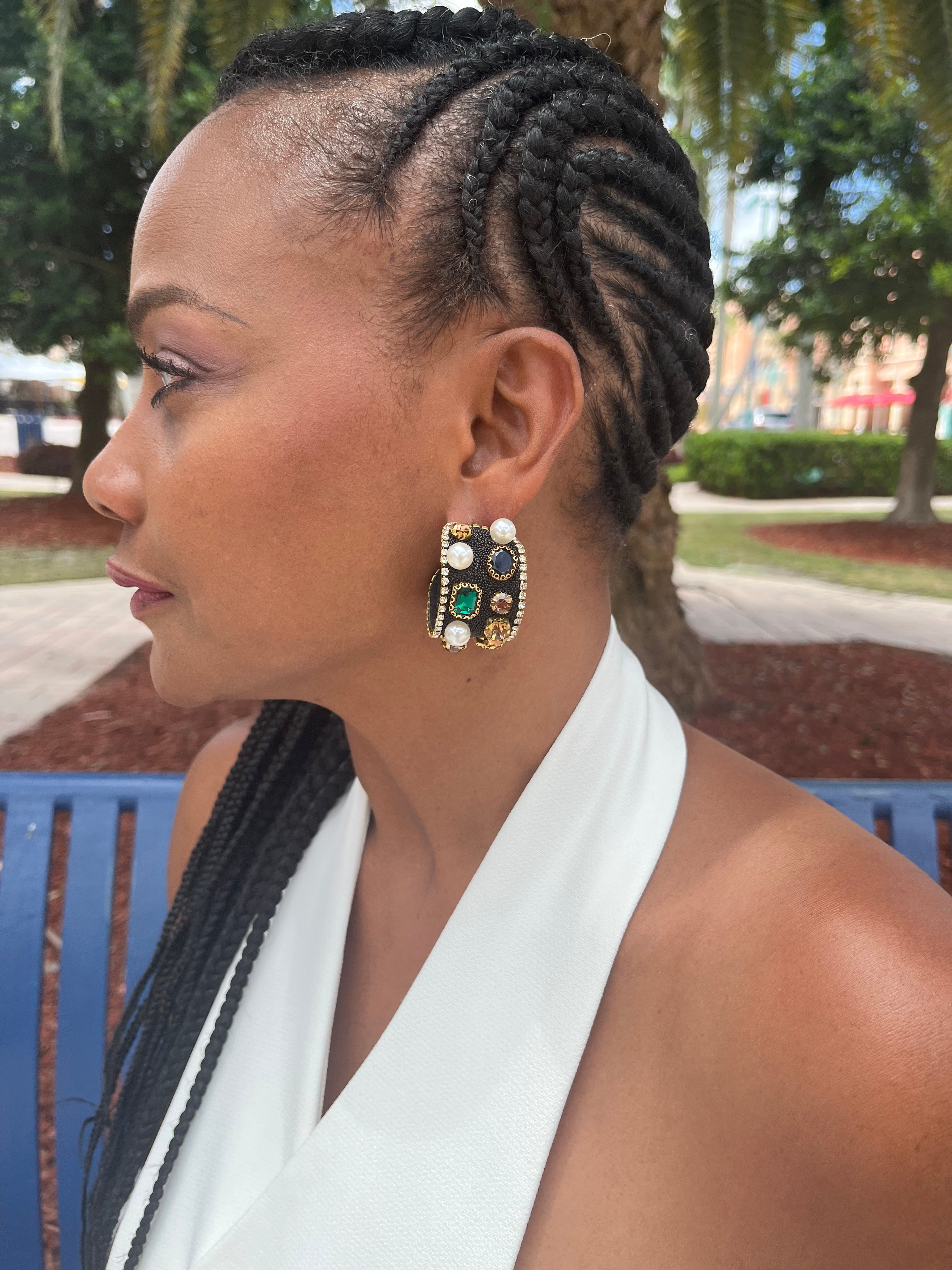 C-Shape Rhinestone Collage Pearl Earrings